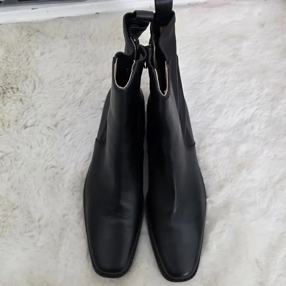 Madewell Idris True Black Leather Ankle Booties Stretchy Panel Block Heel Size 8